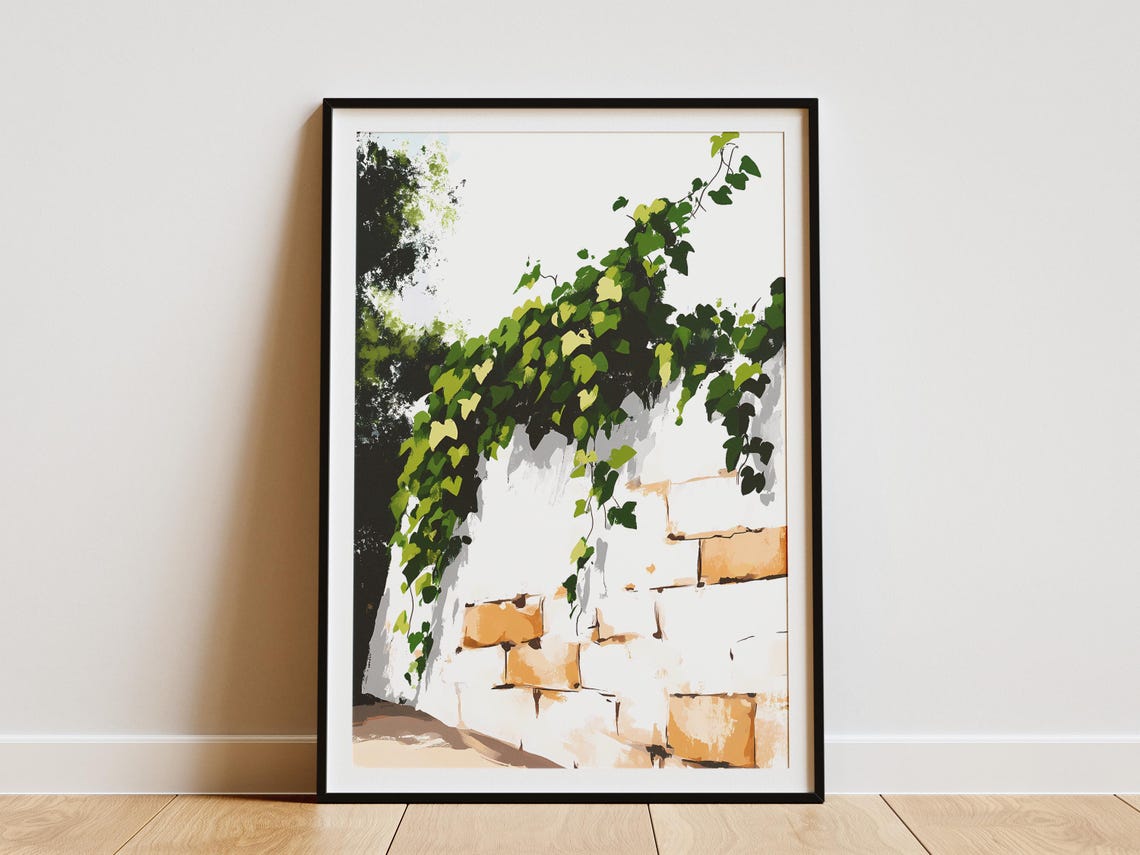 Trailing Green Vines on a Sunlit Stone Wall Botanical Art Poster