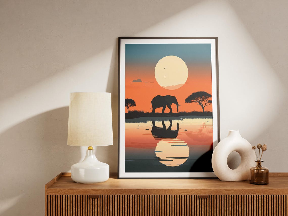 Botswana Elephant Sunset Waterhole Reflection Wildlife Poster - Image 4