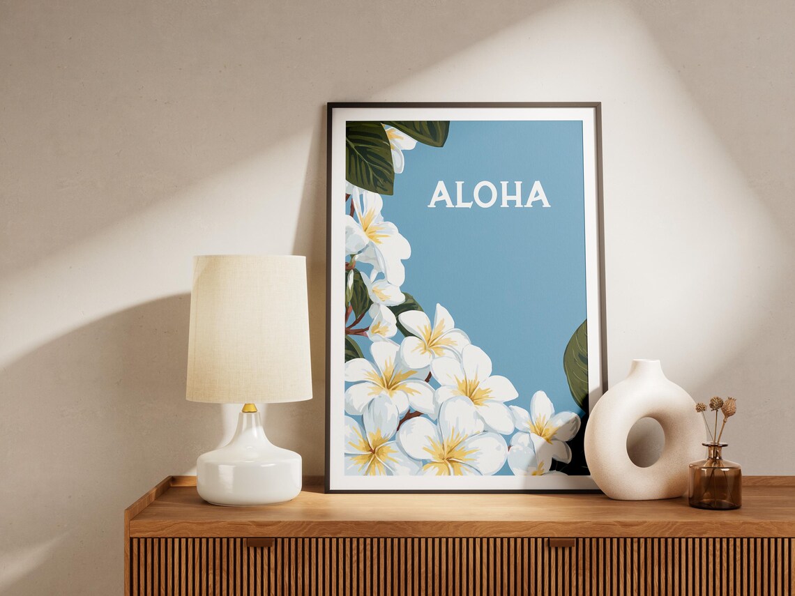 Hawaii Aloha Plumeria White Flowers Blue Tropical Floral Poster - Image 4