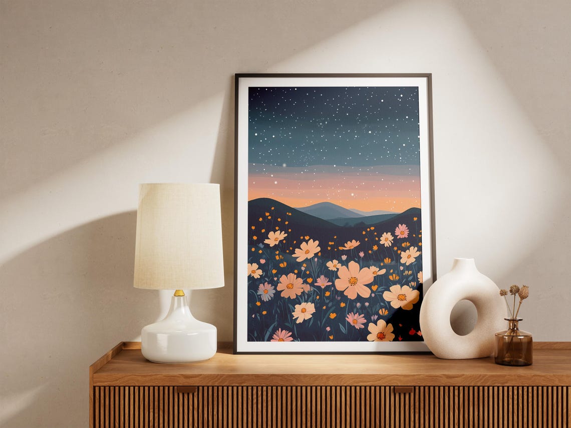 Cosmos Flower Field Under Starry Night Sky Dreamy Art Poster - Image 5