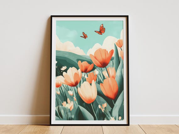 Botanical Tulip Garden Poster Print Orange Peach Floral Wall Art Butterfly Meadow Home Decor Spring Summer Flowers Modern Minimalist Nature