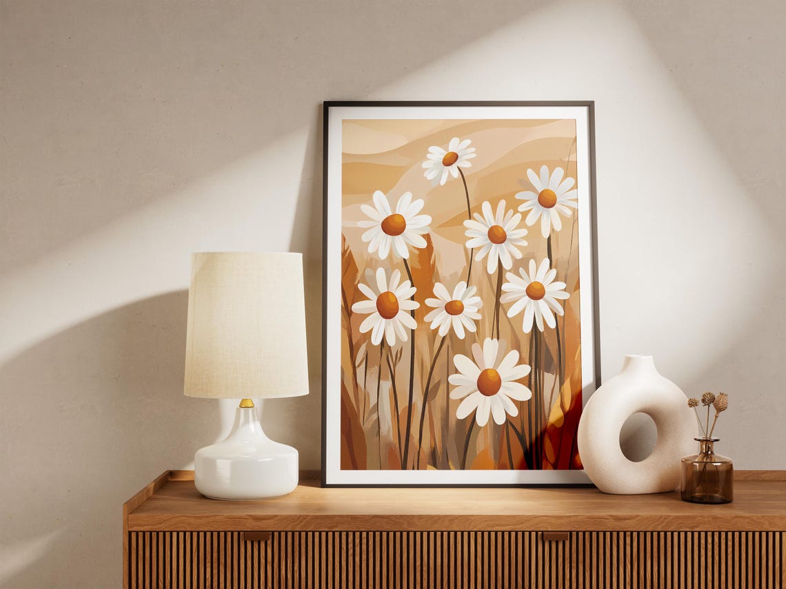 White Daisy Flowers on a Warm Beige Background Poster in Floral Style - Image 5