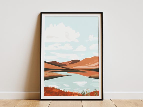 Mongolia Landscape Poster Nuur Lake Flat Illustration Modern Minimalist Art Print Calm Nature Scene Abstract Mountain Scenery Wall Decor