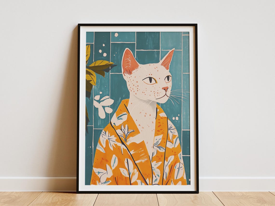 Elegant White Cat Orange Kimono Floral Botanical Artwork Poster