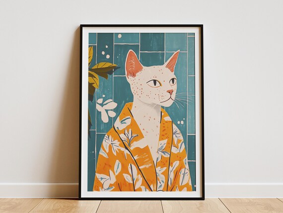 Elegant White Cat Orange Kimono Floral Botanical Artwork Poster