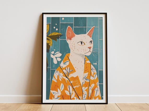 Oriental Shorthair Cat Bathrobe Poster Print Funny Art Lover Gift Bathroom Wall Decor Humorous Pet In Robe