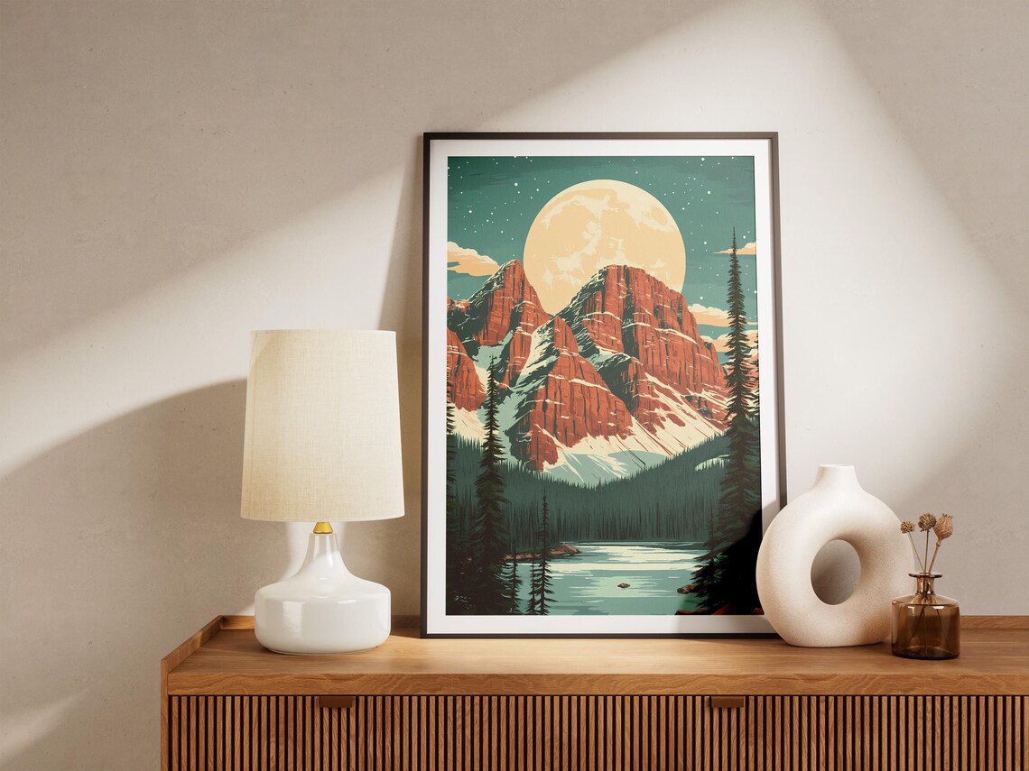 Full Moon Rising Over Snow Capped Rocky Mountain Lake Poster - Image 5