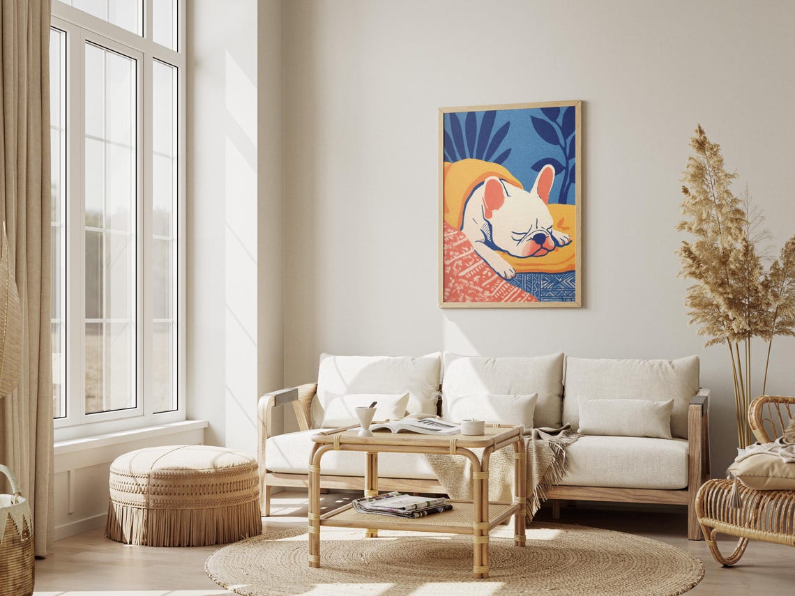 French Bulldog Sleeping on Yellow Cushion Cute Blue Decor Poster - Image 3