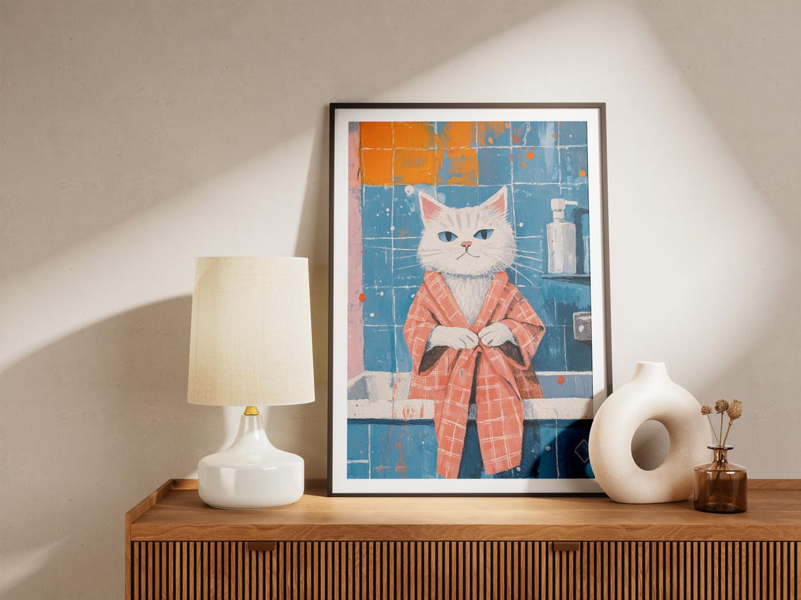 Grumpy White Cat Blue Eyes Coral Plaid Bathrobe Bathroom Poster - Image 4