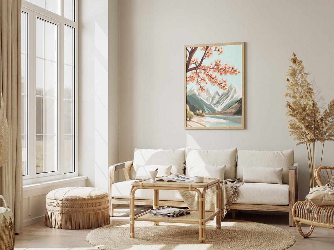 Cherry Blossom Branch Over Snowy Mountain Lake Spring Art Poster - Image 4