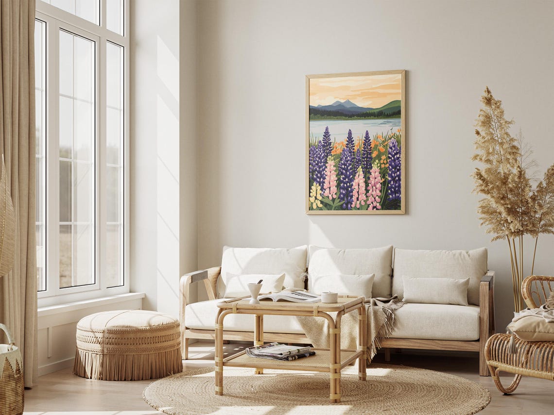 Sunset Lupine Meadow by a Calm Mountain Lake Wildflower Art Poster - Image 4