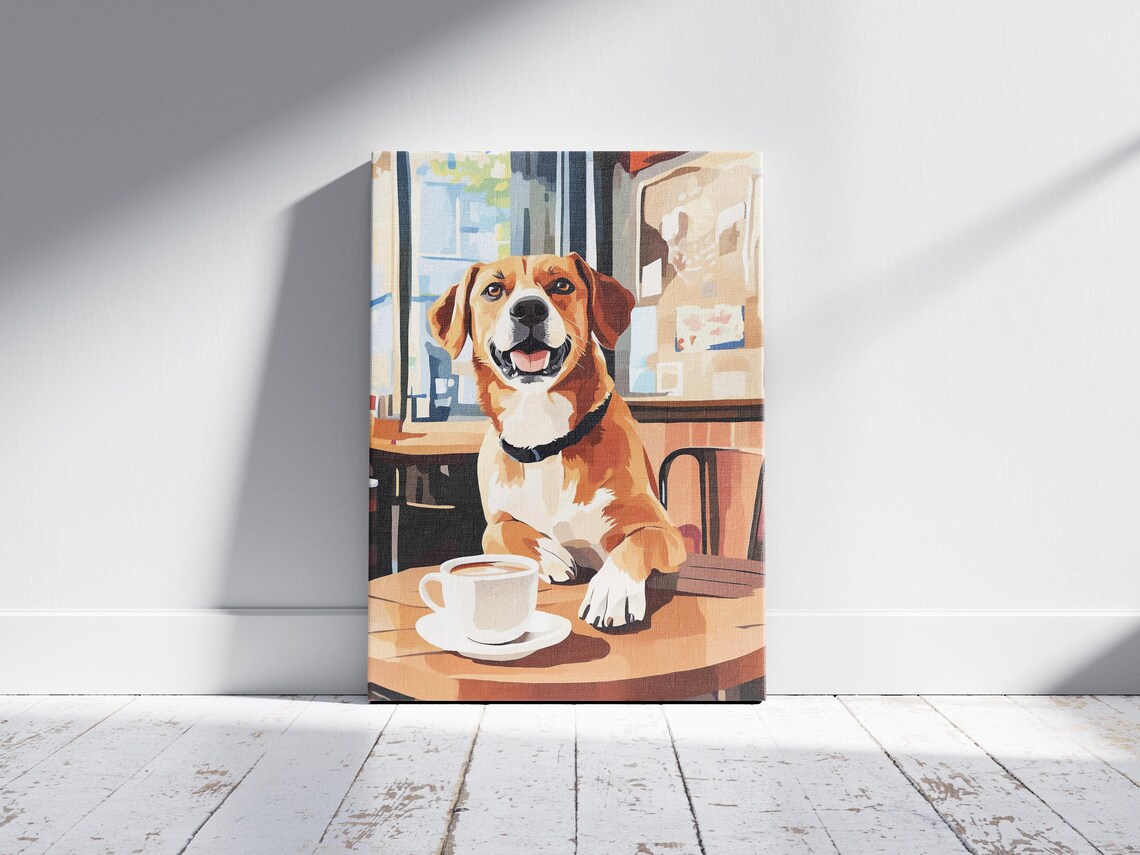 Happy Brown and White Dog Smiling with Coffee at Cafe Poster - Image 2