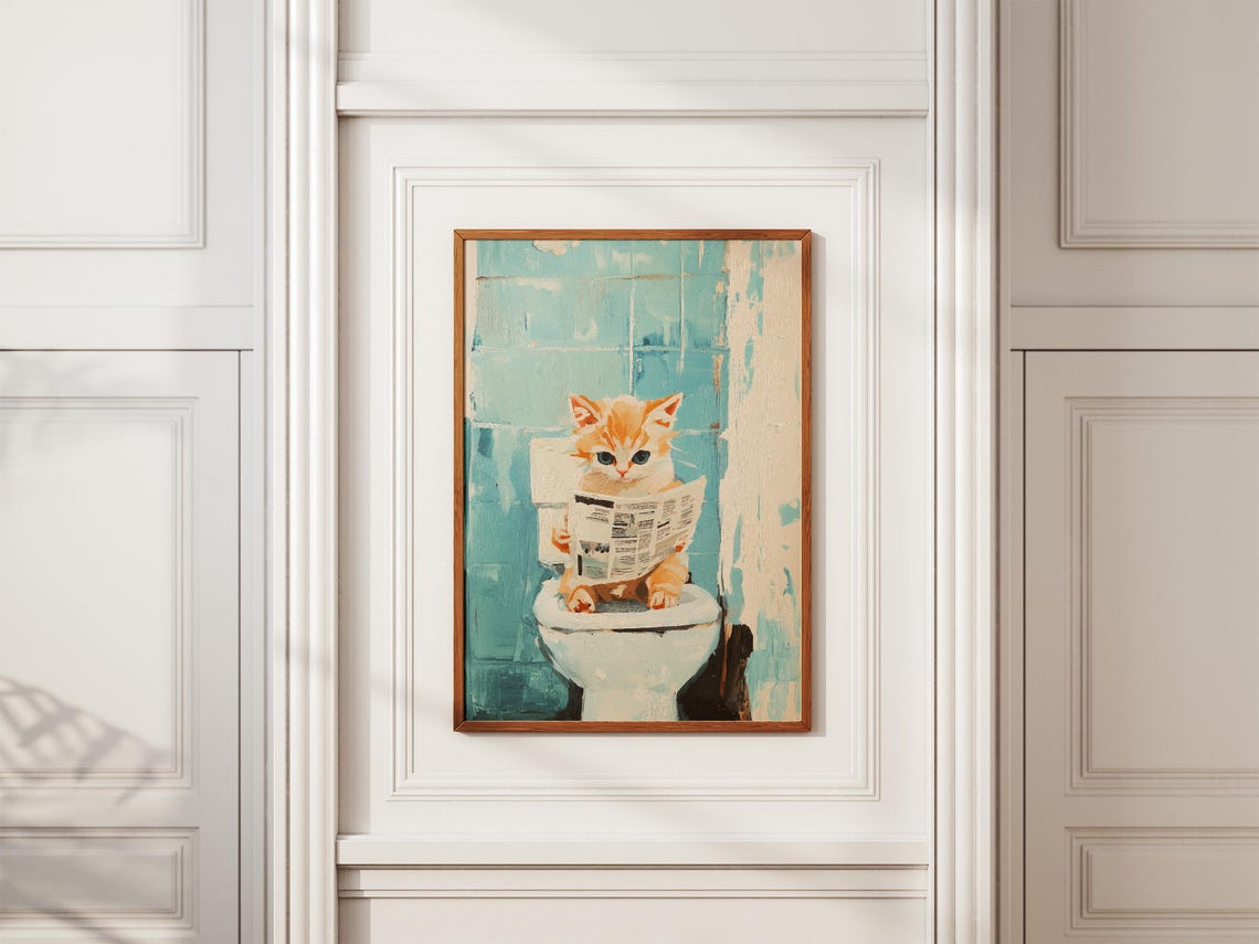 Funny Orange Kitten Reading Newspaper on Toilet Bathroom Poster - Image 2