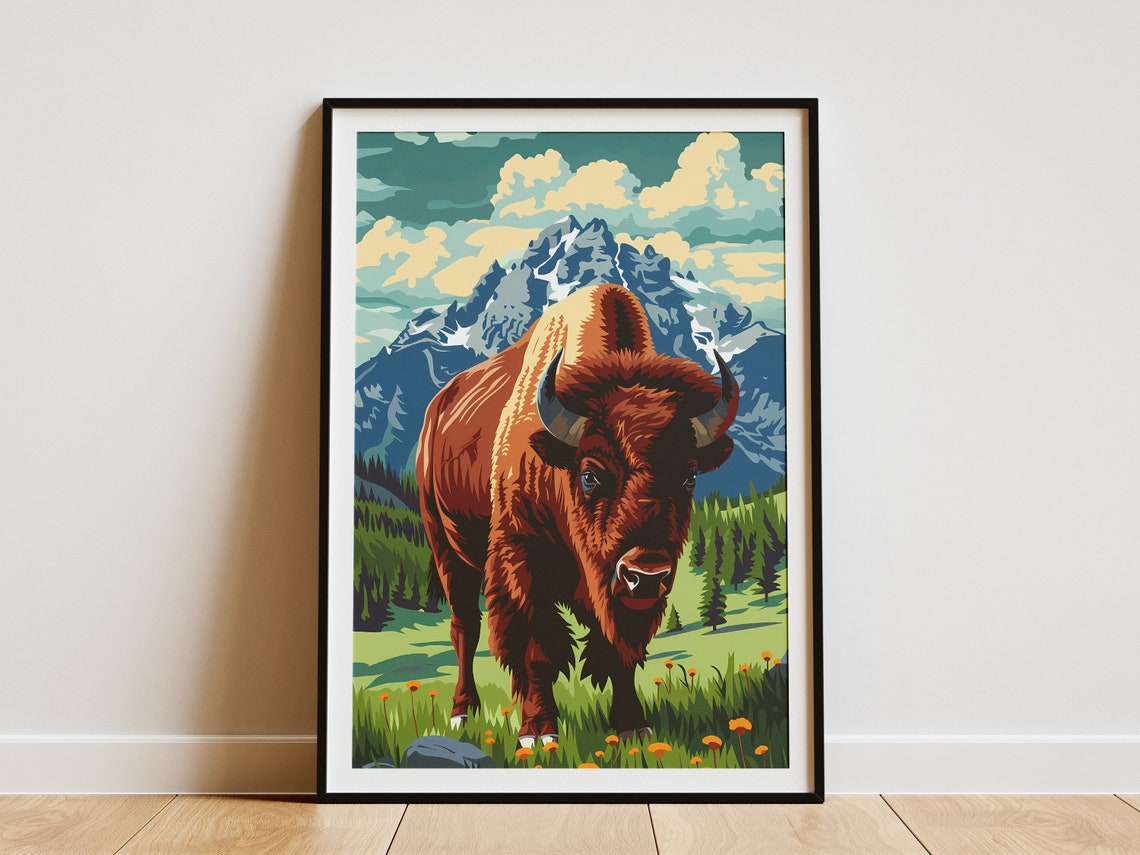 Mighty Bison Standing Before Snowy Mountain Peaks Wildlife Poster