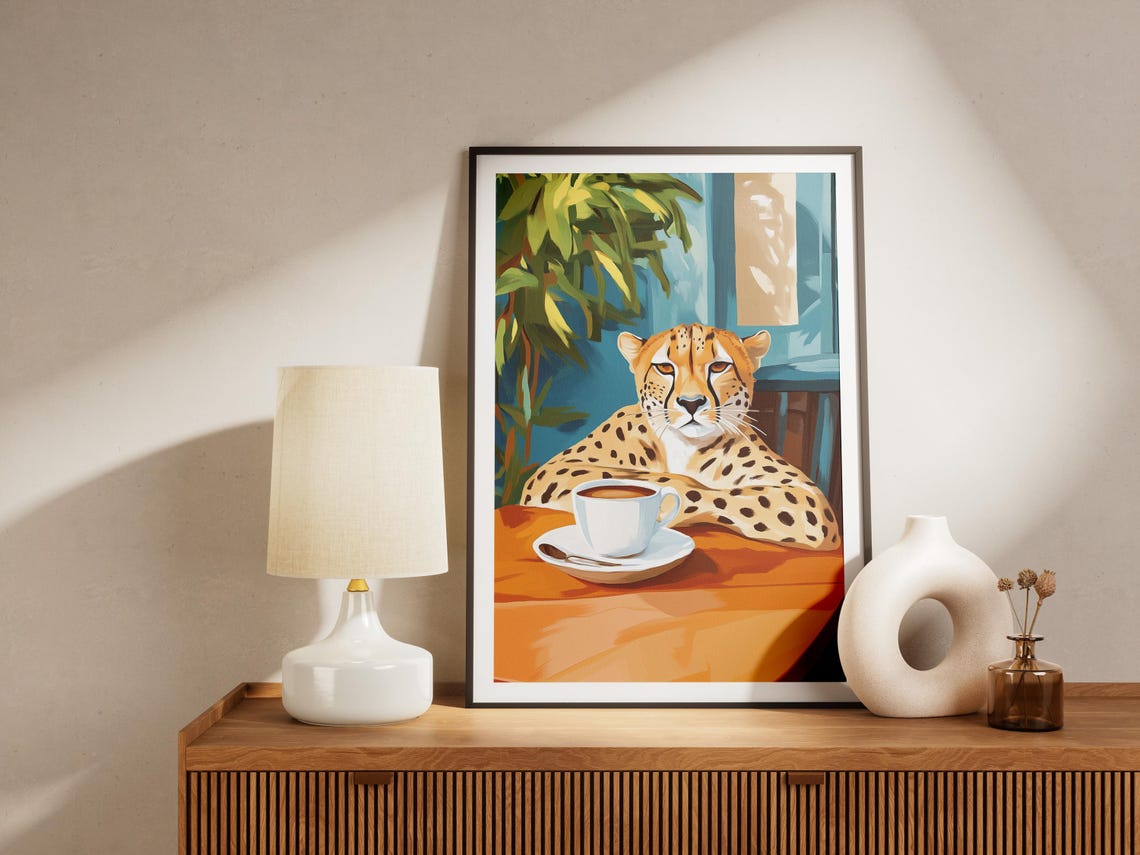 Regal Cheetah with a Coffee Cup at a Teal Window Cafe Table Poster - Image 4