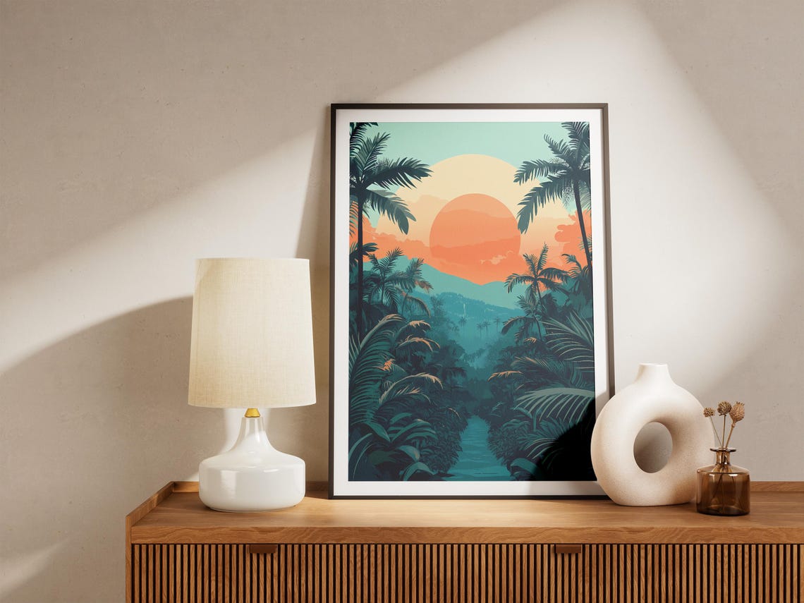 Tropical Jungle River Sunset Giant Orange Sun Palm Trees Poster - Image 5