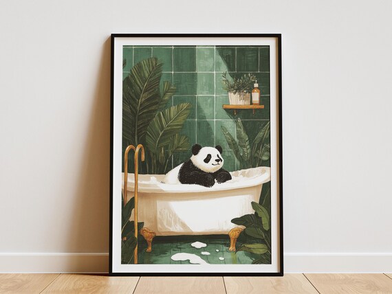 Serene Panda In White Clawfoot Tub Green Jungle Bathroom Poster
