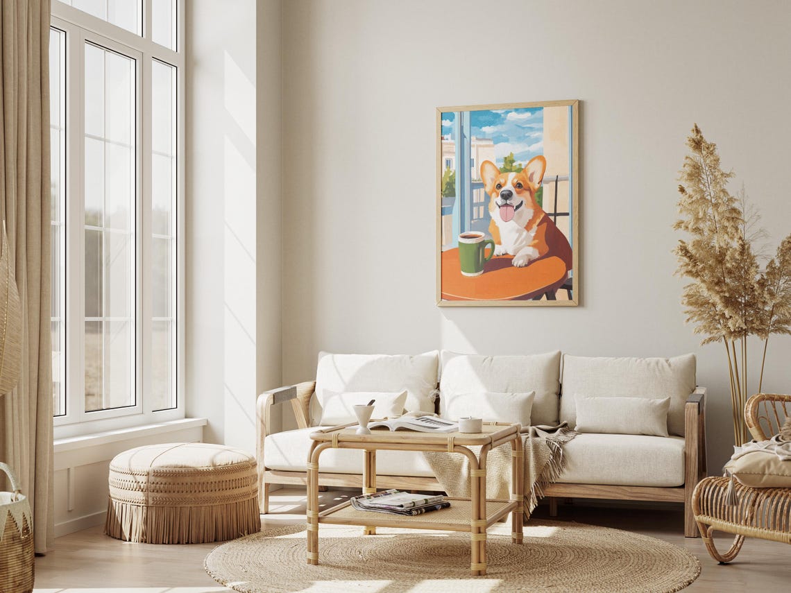 Smiling Corgi with a Green Mug at a Sunny Cafe Window Dog Poster - Image 3