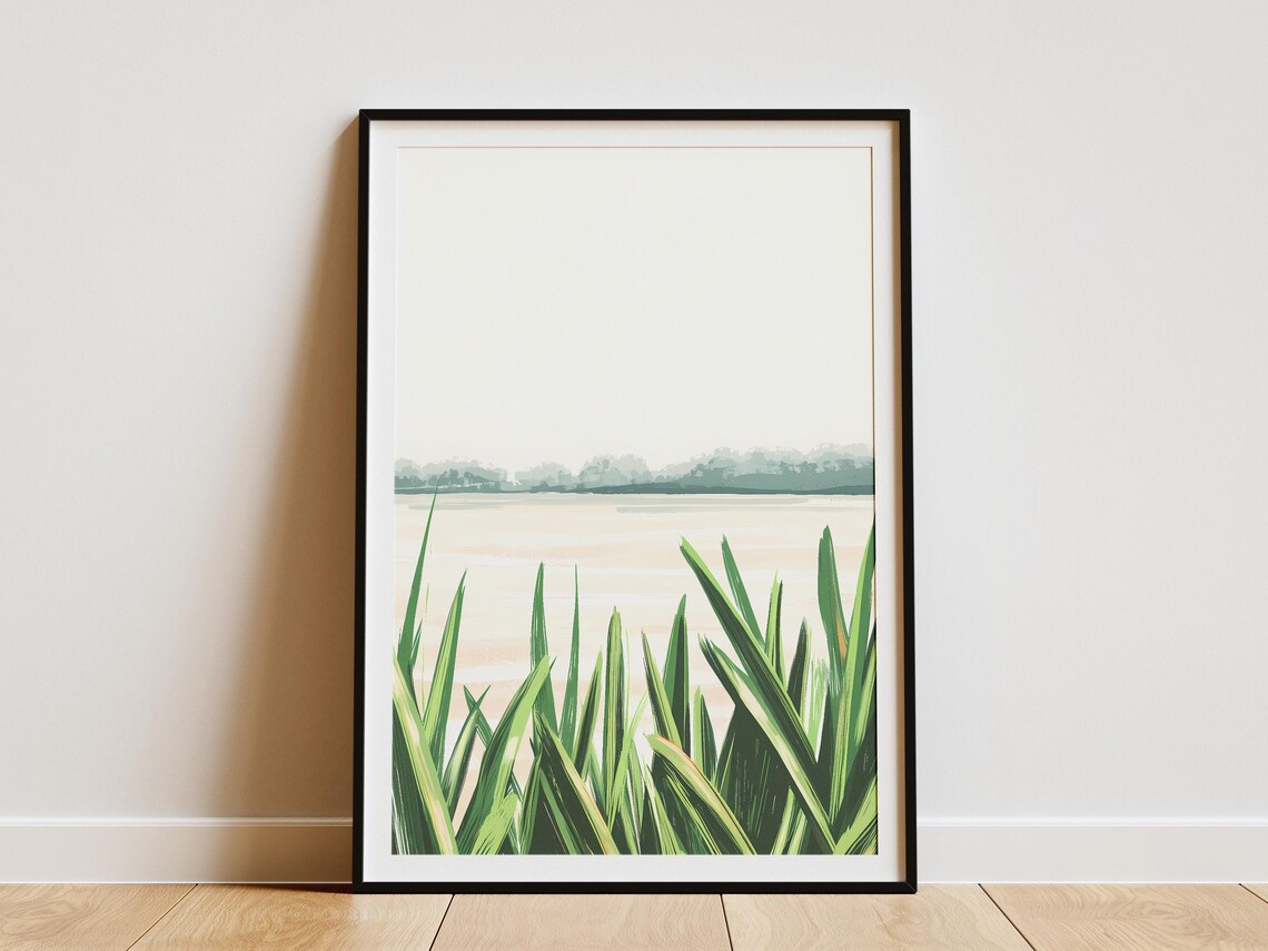 Lakeshore Green Reeds Minimalist Calm Water Landscape Poster