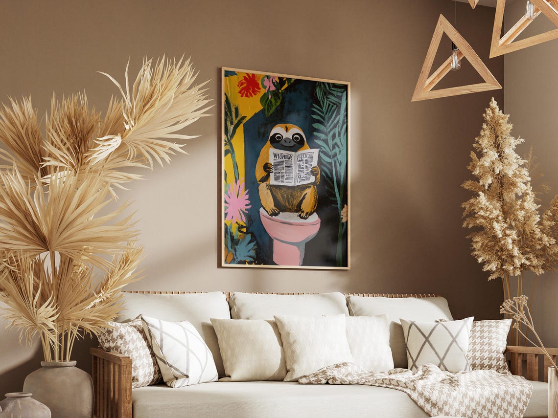 Sloth Reading Newspaper on Toilet Tropical Jungle Leaf Poster - Image 3