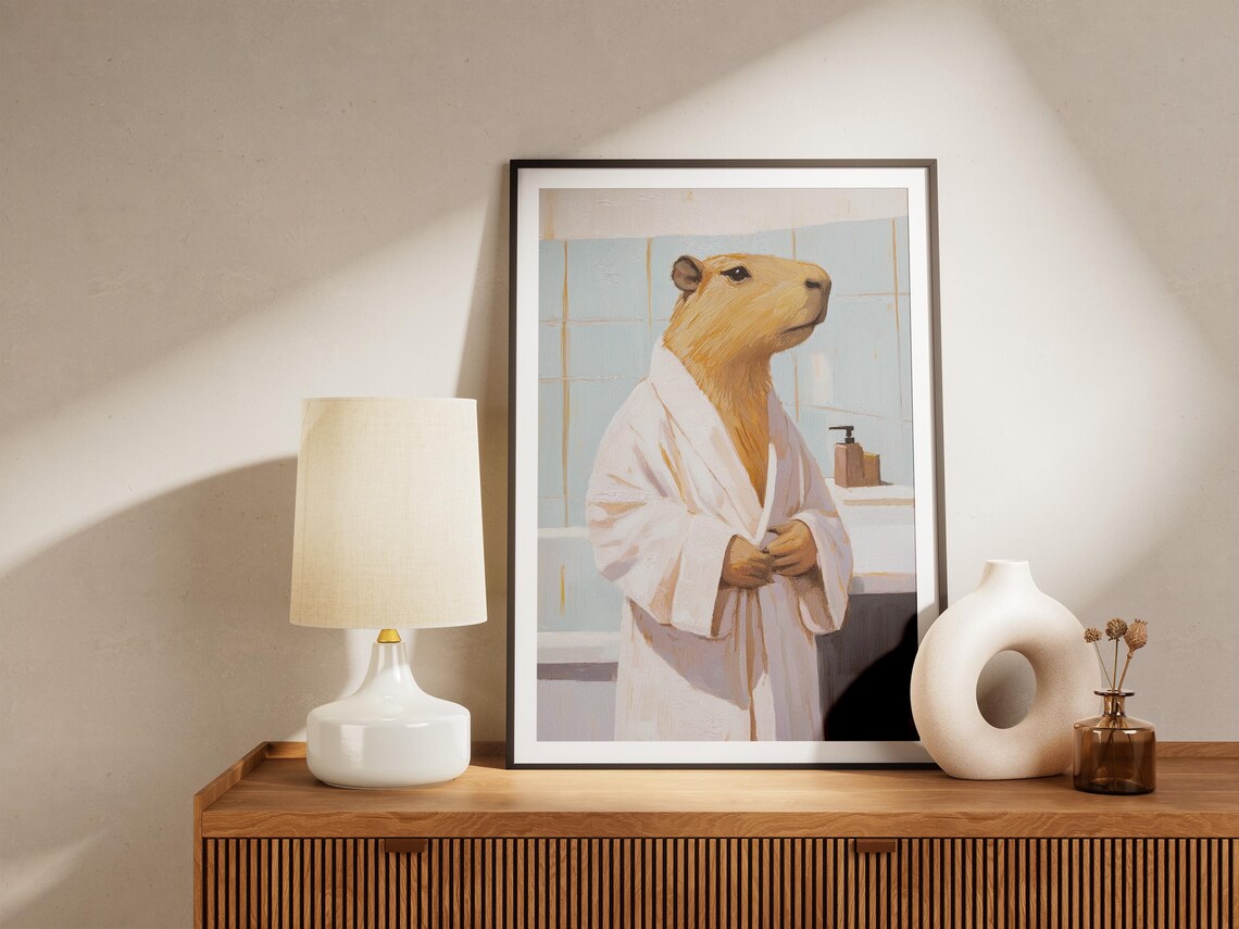 Chill Capybara Standing Tall in a White Bathrobe Bathroom Poster - Image 5