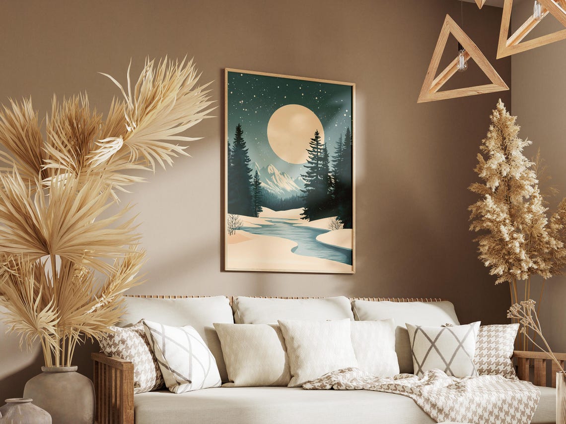 Huge Full Moon Over River Pines Snowy Mountains Night Poster - Image 3