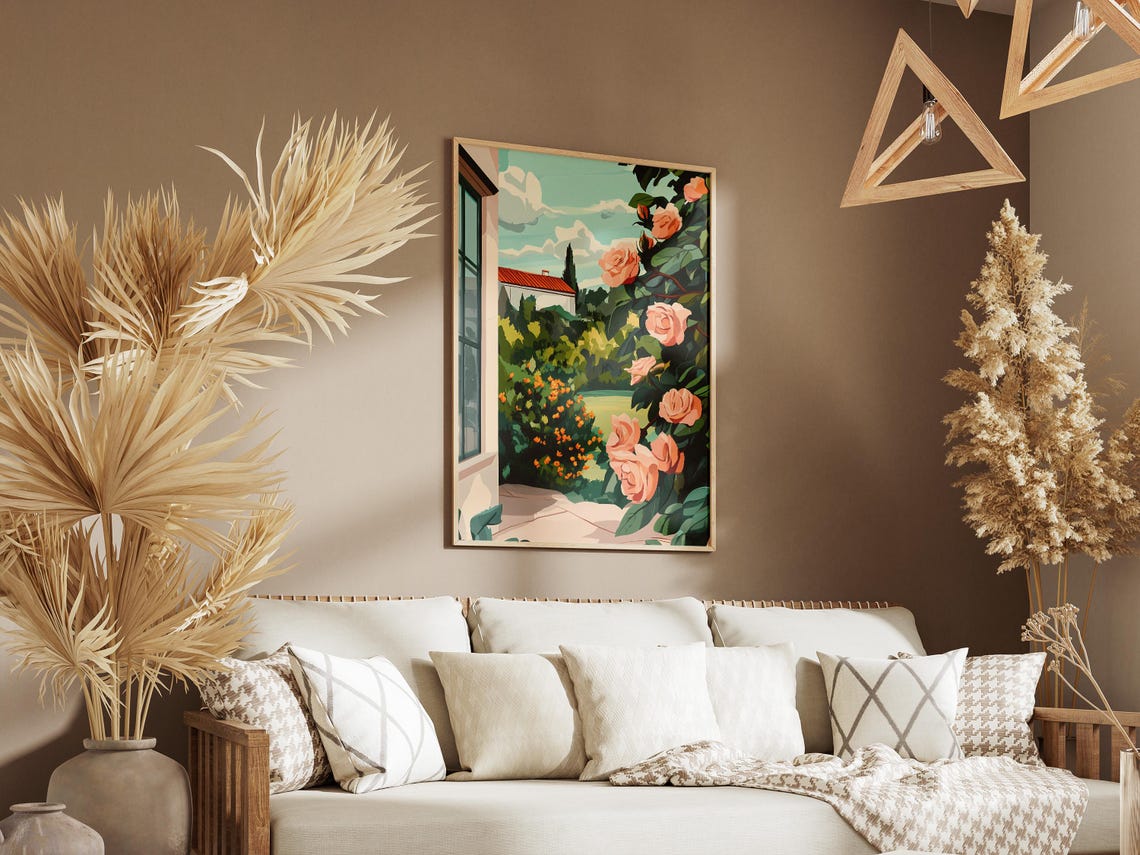 Mediterranean Garden with Climbing Pink Roses and Villa View Poster - Image 3