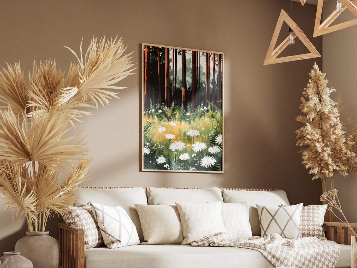 White Daisies In Meadow Under Tall Dark Pine Trees Art Poster - Image 3