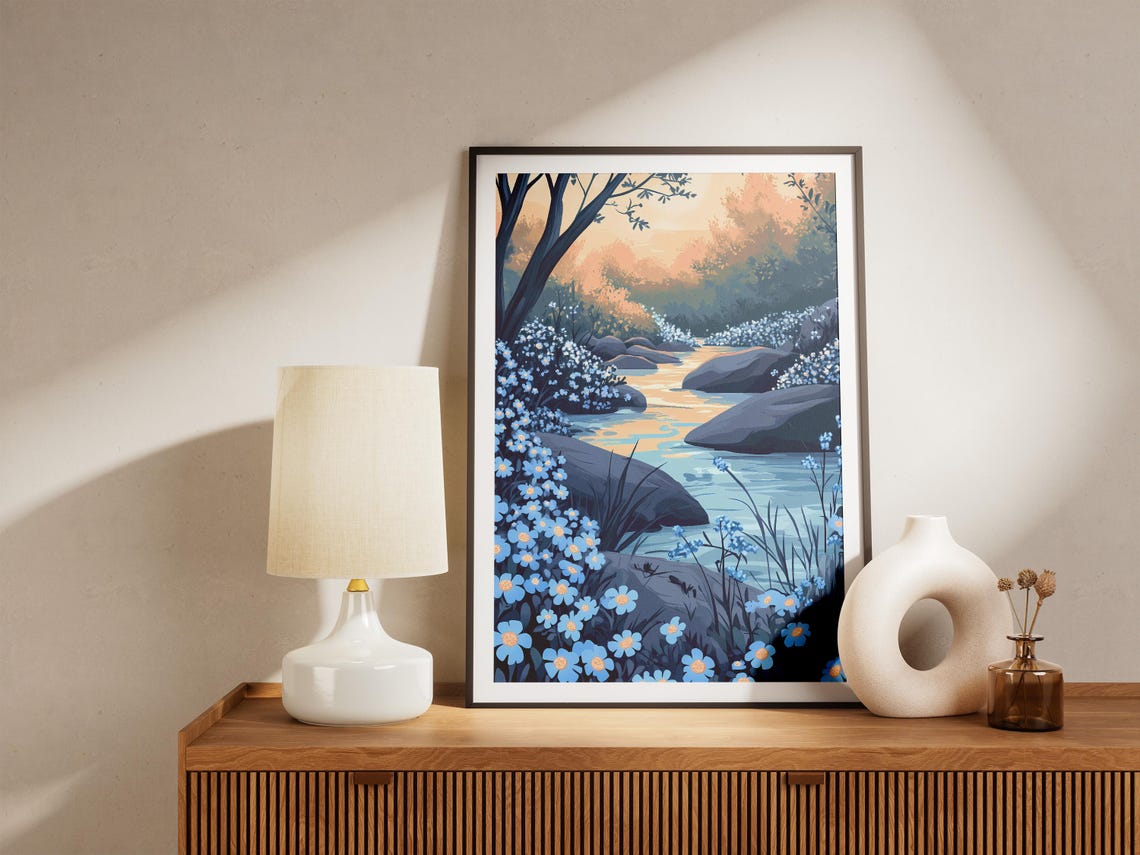 Forget Me Not River Rocks Blue Flowers Twilight Scenic Poster - Image 5