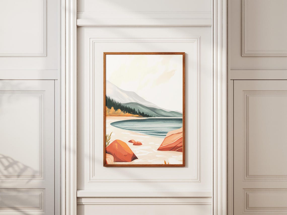 Minimalist Lakeshore with Red Rocks and Pale Mountains Poster - Image 2