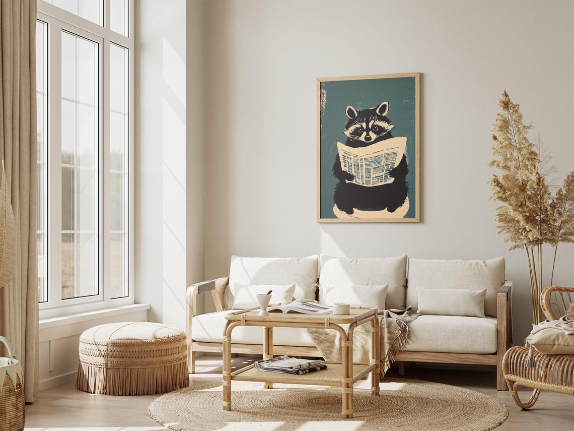 Raccoon Reading Newspaper On Toilet Dark Teal Bathroom Poster - Image 4