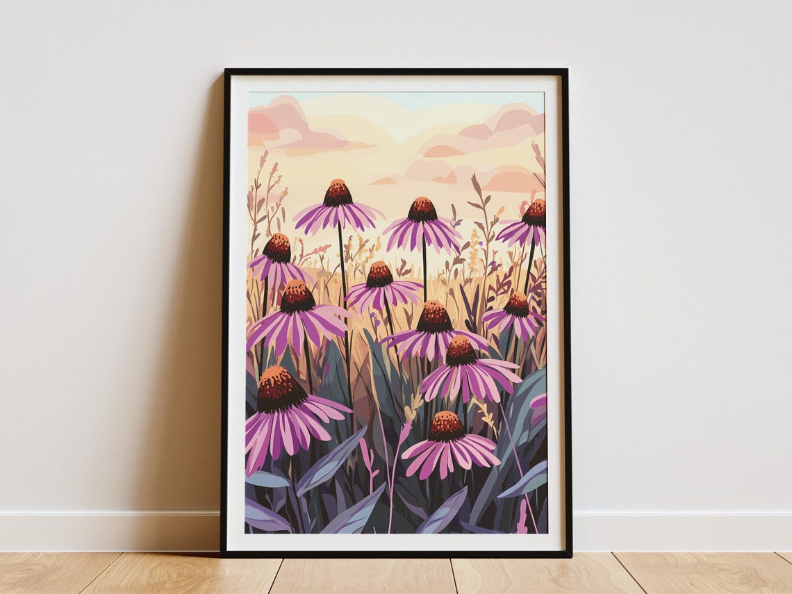 Purple Coneflower Echinacea Sunset Prairie Botanical Art Poster