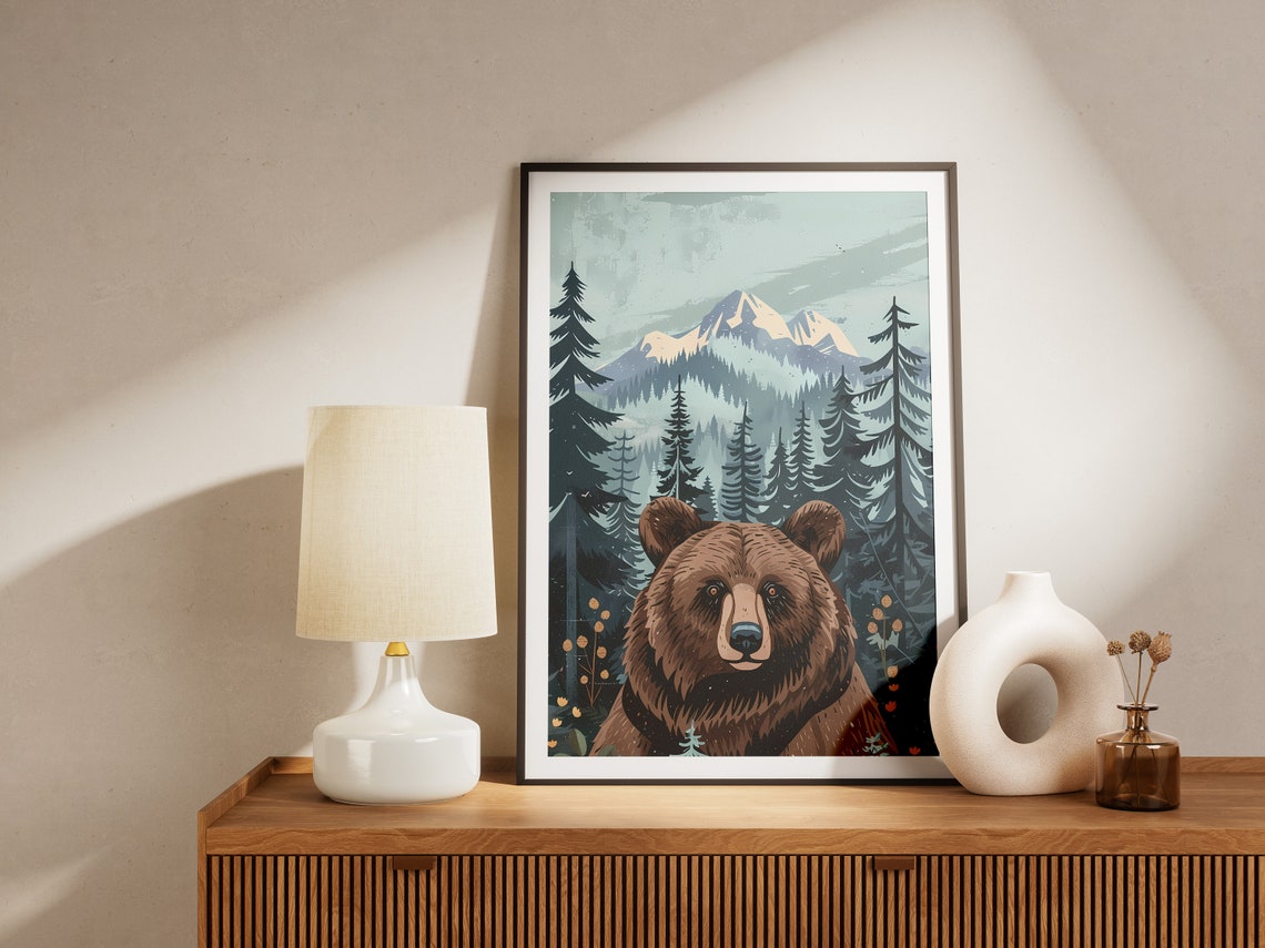 Forest Bear Poster Vintage Travel Poster Abstract Midcentury Modern Forest Nature Art Tree Poster Print - Image 2