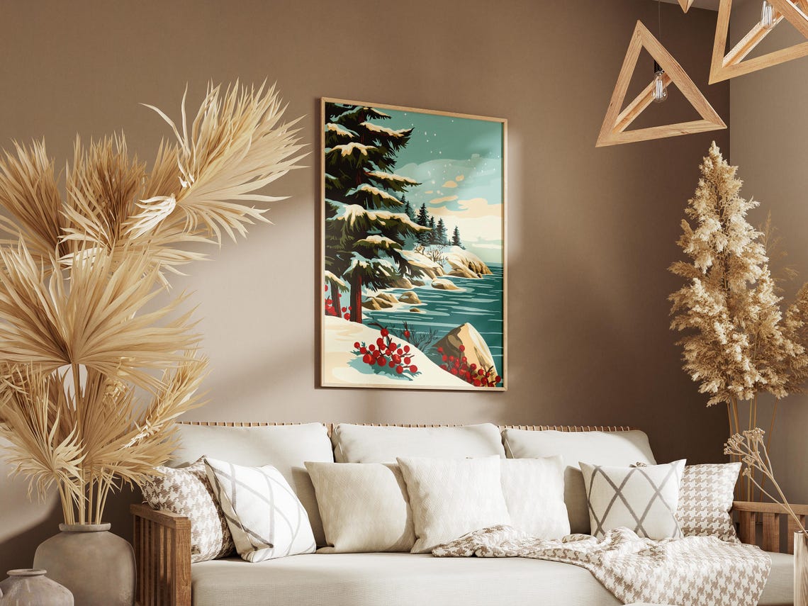 Snowy Coastal Pines With Red Berries Above Teal Water Art Poster - Image 3