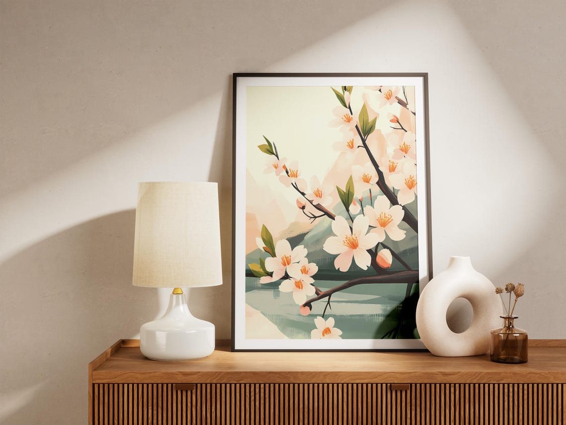 White Cherry Blossom Branch Green Leaves Soft Hills Spring Art Poster - Image 5