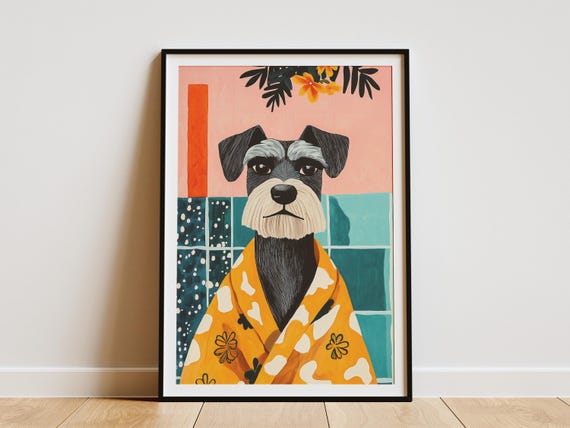 Miniature Schnauzer Dog In Bathrobe Poster Print Funny Animal Wall Art Bathroom Decor Canine Pet Portrait Lover Gift