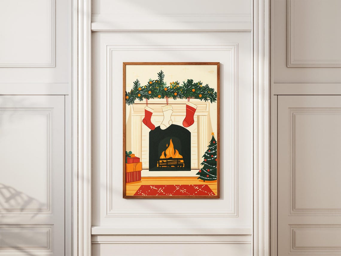 Cozy Christmas Fireplace With Stockings and Tree Holiday Poster - Image 2