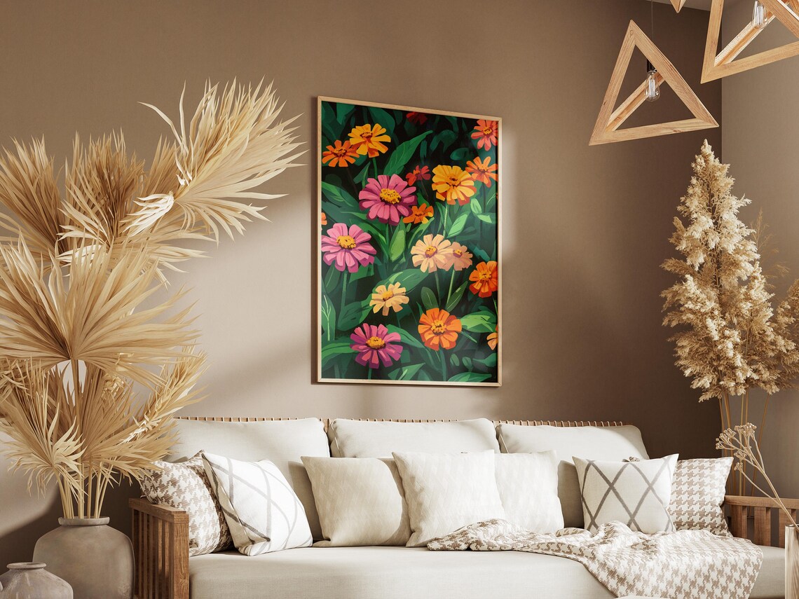 Vibrant Zinnia Garden Pink Orange Summer Blooms Floral Poster - Image 3