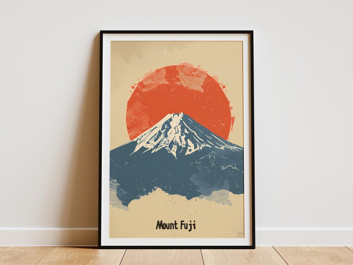 Mount Fuji Giant Rising Red Sun Vintage Beige Travel Art Poster
