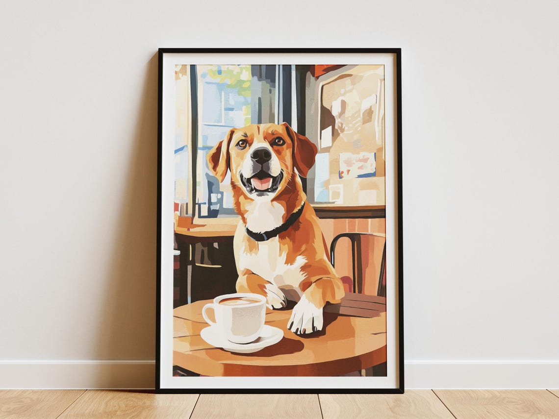 Happy Brown and White Dog Smiling with Coffee at Cafe Poster