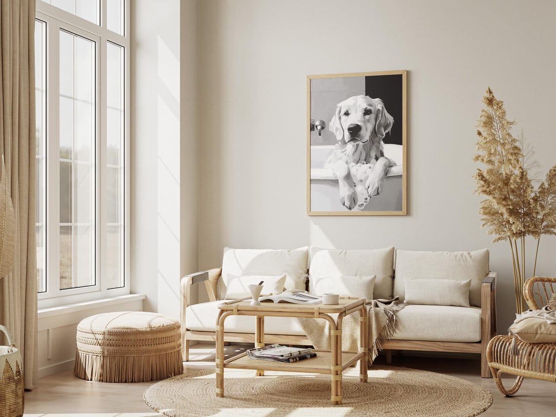 Golden Retriever In A Bubble Bath Black And White Art Poster - Image 3