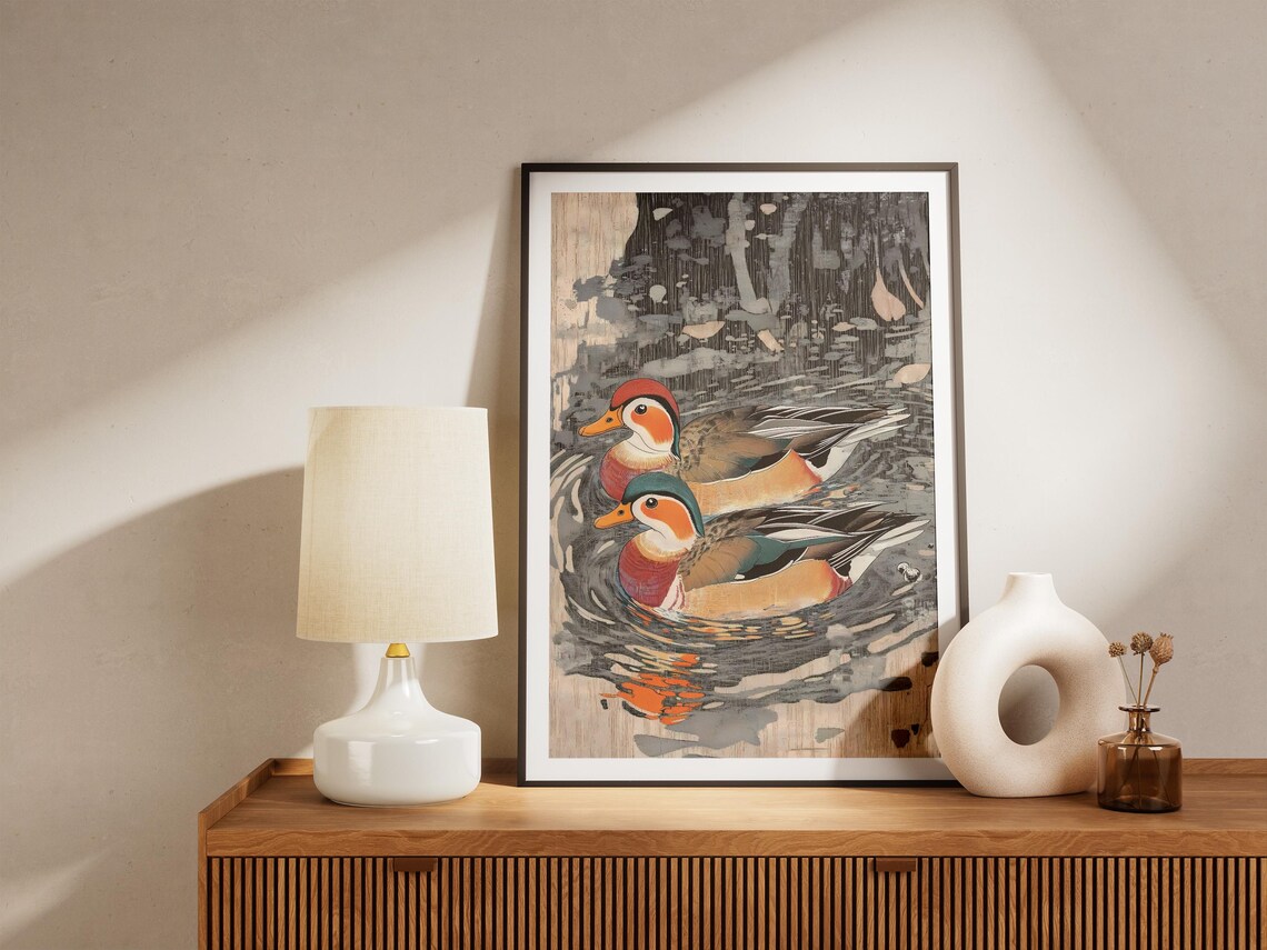 Mandarin Duck Couple Swimming Watercolor Bird Illustration Poster - Image 5