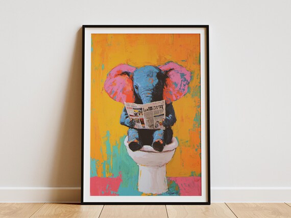 Baby Elephant on Toilet Reading Newspaper Colorful Funny Poster