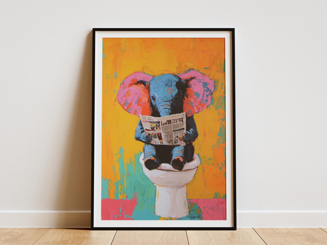 Baby Elephant on Toilet Reading Newspaper Colorful Funny Poster