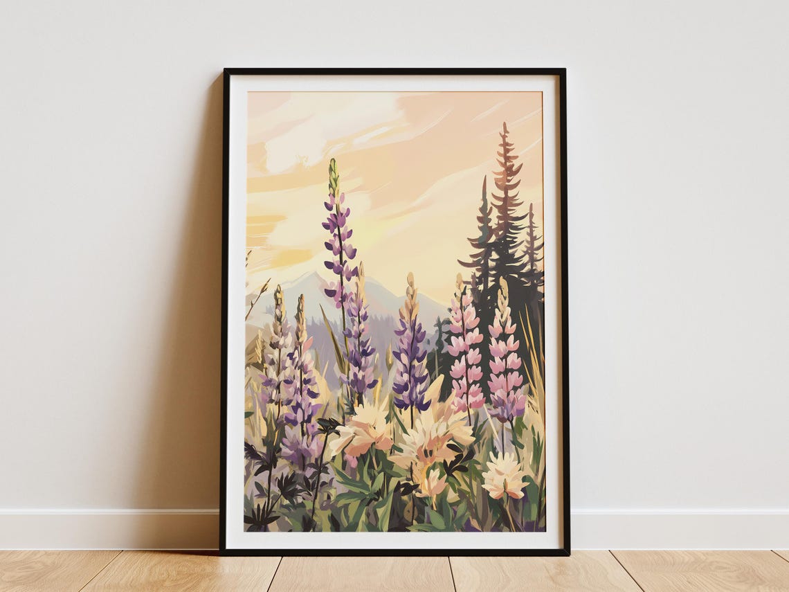 Lupine Wildflower Poster Sunrise Meadow Botanical Wall Decor Gift