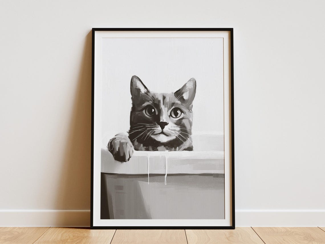 Bengal Cat Peeking Over Bathtub Black and White Funny Poster