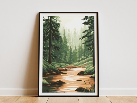 Forest River Poster Calm Nature Art Print Green Trees Landscape Wall Decor Modern Home Decor Peaceful River Scene Tranquil Forest