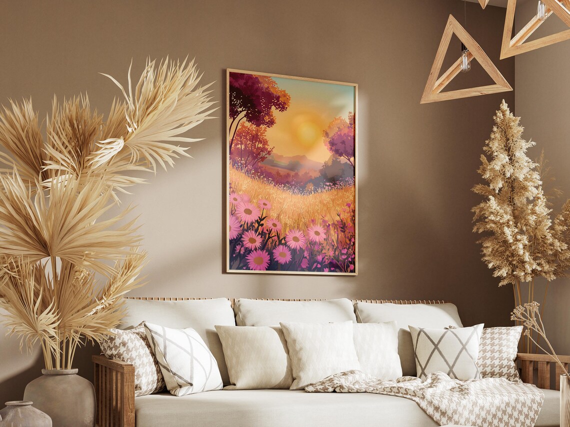 Pink Cosmos Flower Meadow at Golden Sunset Poster With Field Trees - Image 3