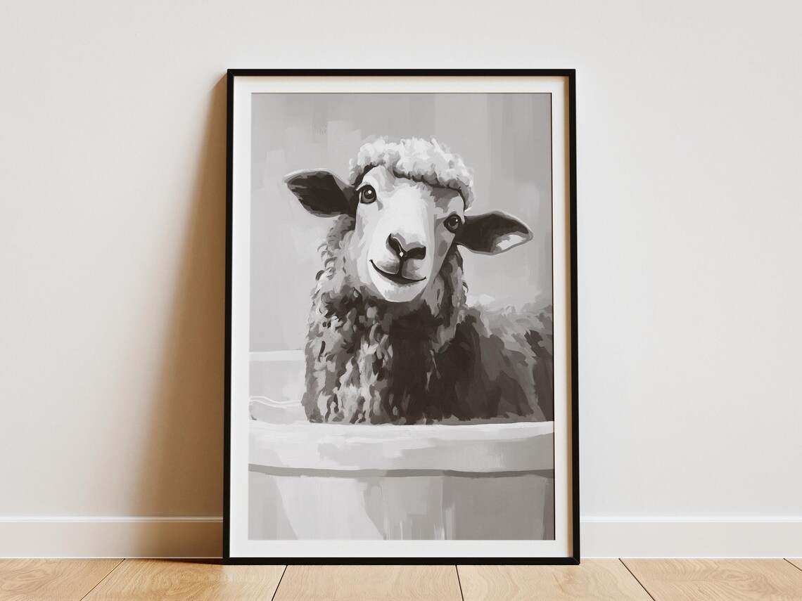 Goofy Sheep in Bathtub Funny Minimalist Farmhouse Bathroom Poster