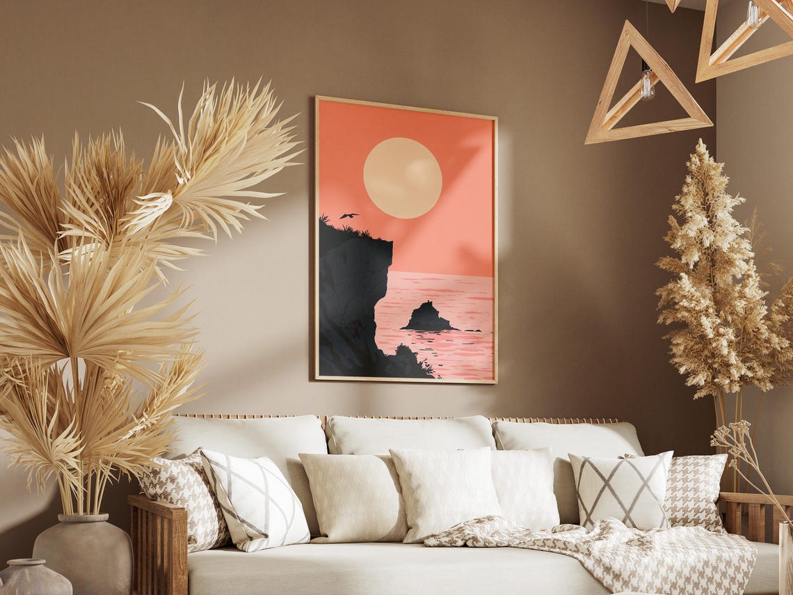 Coral Sunset Over a Black Cliff Silhouette and Pink Sea Poster - Image 3